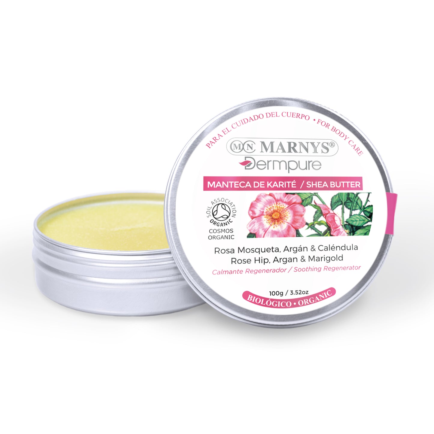 Sheasmör med Nypon, Argan & Ringblomma – 100 g. Reducera ärr, celluliter och förbättra hudens elasticitet.