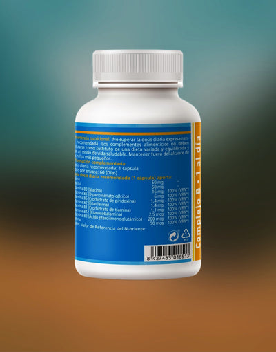 B complex, choline-B1-B2-B3-B5-B6-B7-B8-B9-B12.
 60 capsules