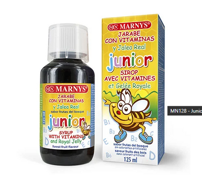 Junior Multivitamin Sirap med Bidrottninggelé – 125 ml  Multivitaminer, immunförsvar och ennergi för bar
